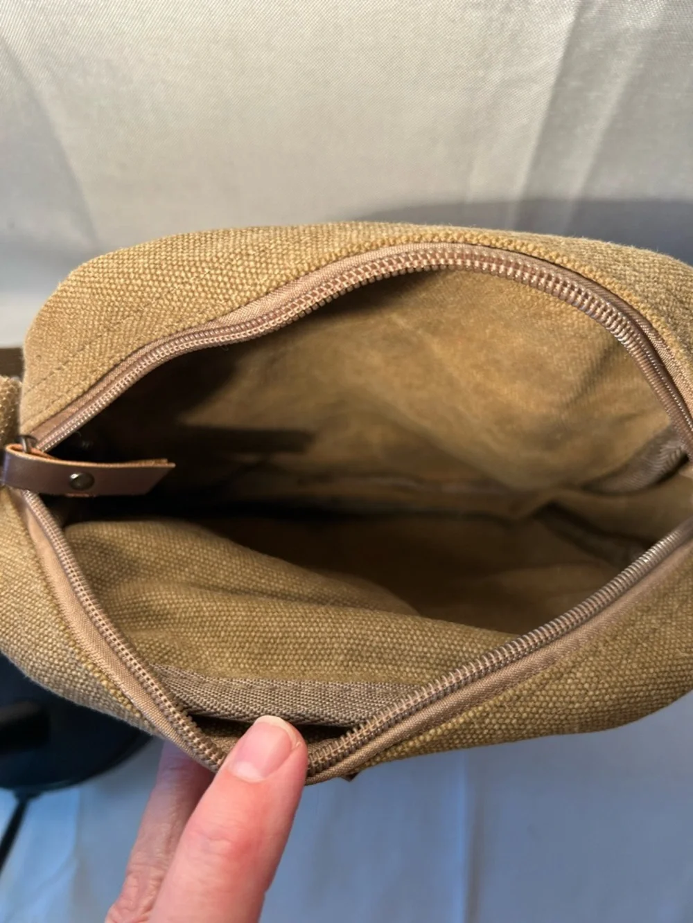Canvas Crossbody Khaki Bag for Men compact size of approximately 9”x9”